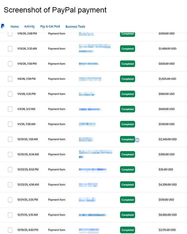 Screenshot of PayPal payment
